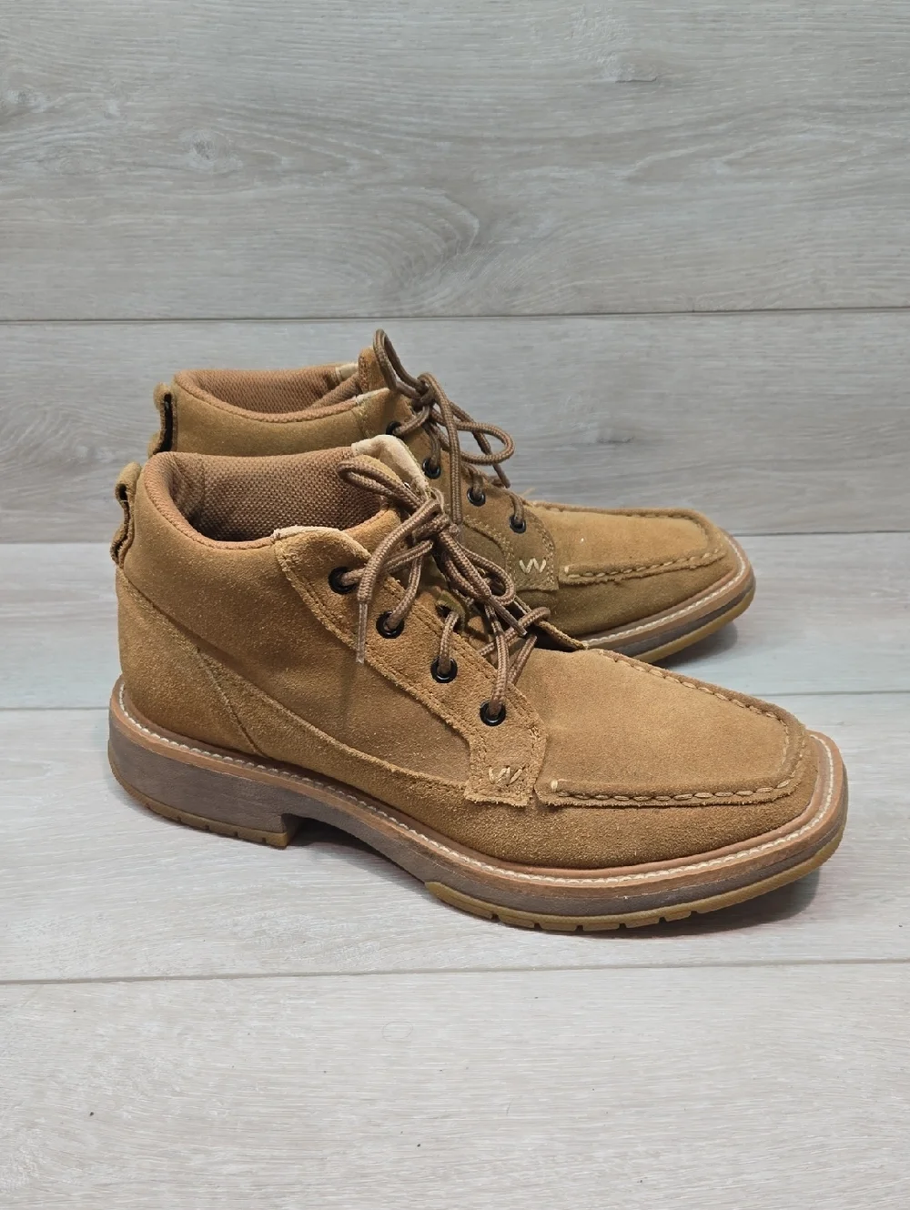 Vintage Wrangel Men's Suede Moc Square Toe Lace-Up Boots in Chestnut Sz 8.5M